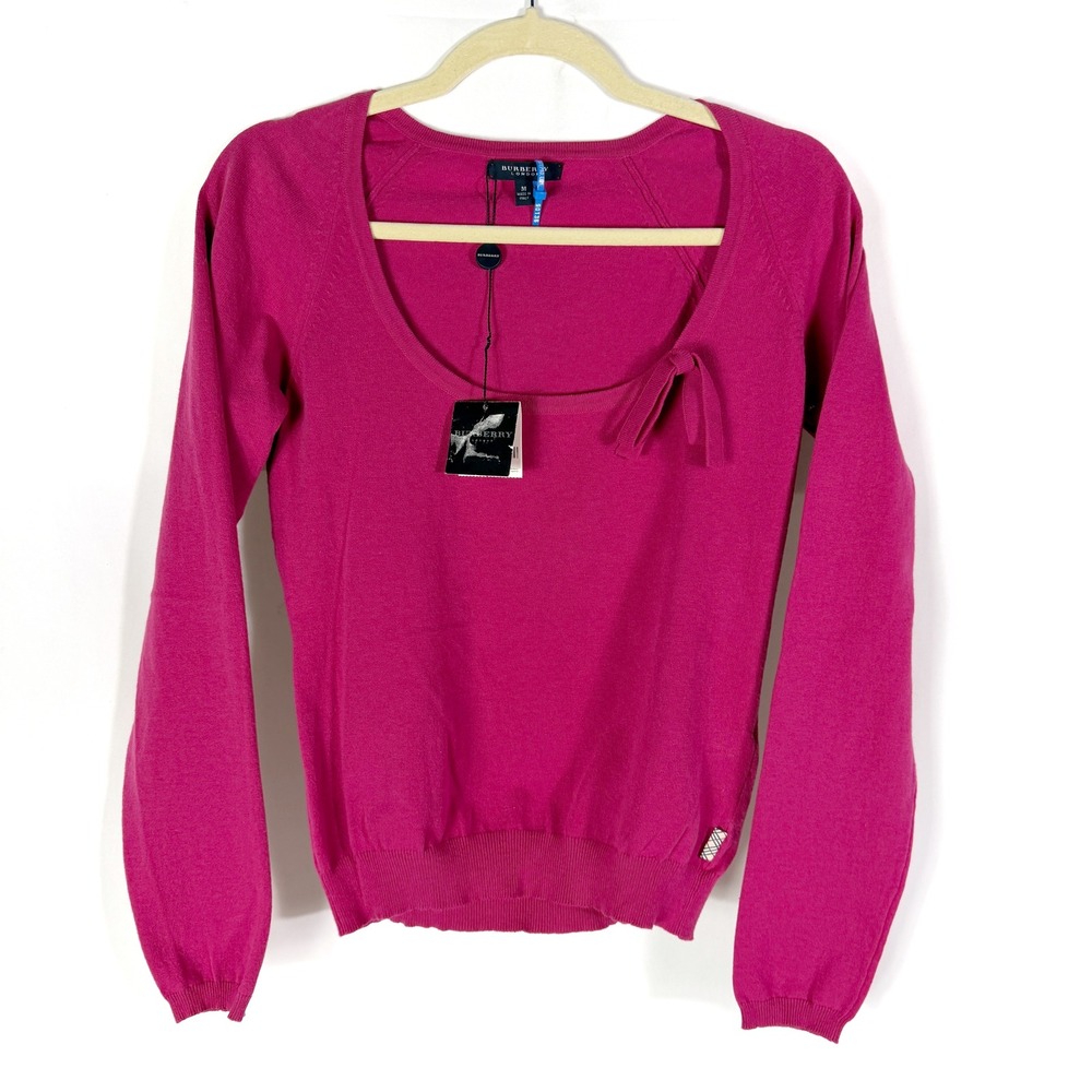 Burberry London Knit Top Magenta‎ Pink Sweater Bow Scoop Neck Womens Size M